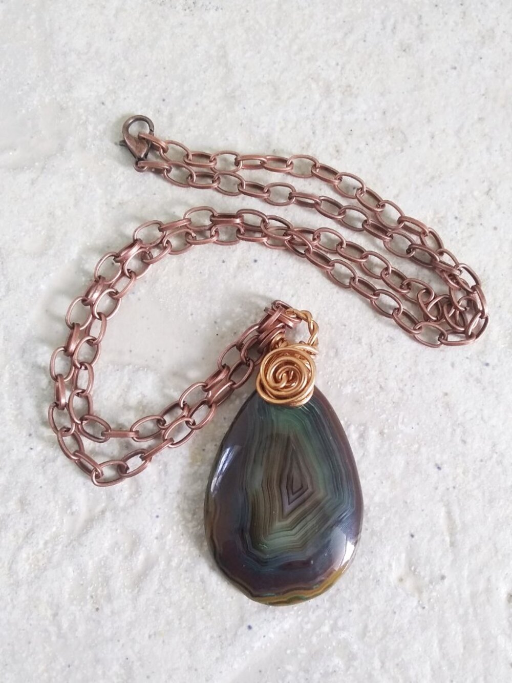 Earthy Muted Browns + Greens! Gorgeous Banded Agate Teardrop Pendant + Chain!